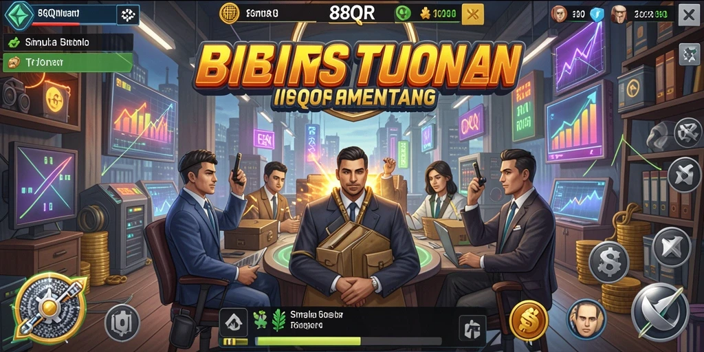 Tampilan gameplay <strong>8QR</strong> menampilkan simulasi bisnis yang mendetail dan menarik.