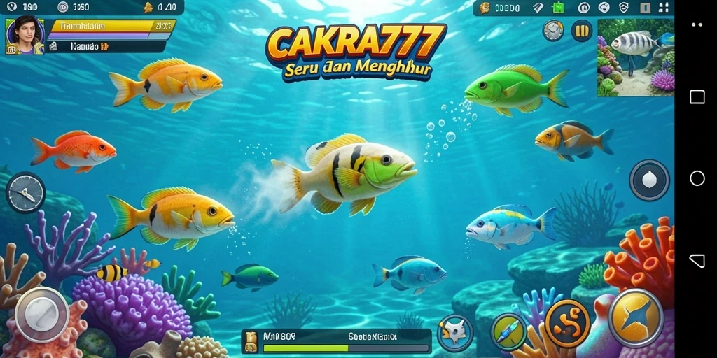 Tampilan gameplay seru dari CAKRA777, menembak ikan berwarna-warni.