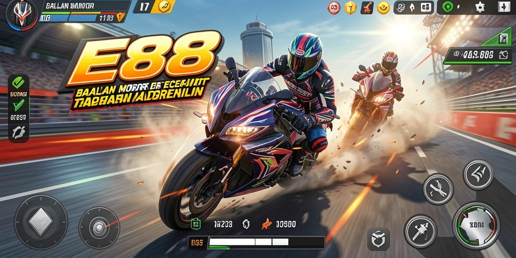 Screenshot gameplay E88 yang menunjukkan aksi balapan motor yang seru.