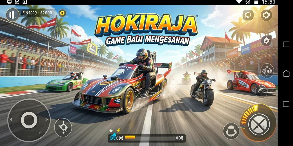 Tampilan gameplay HOKIRAJA yang mendebarkan dan penuh aksi balapan.