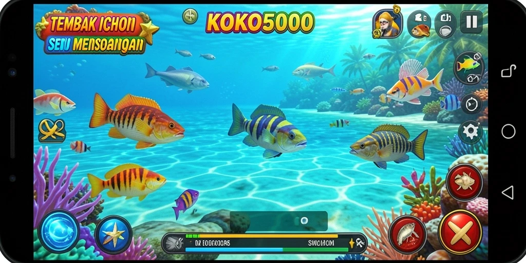 Gameplay seru dalam KOKO5000 yang menembak ikan berbagai jenis.