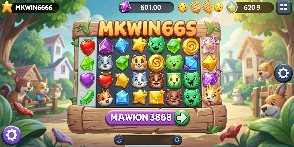 Tampilan gameplay Match-3 yang menarik dan penuh warna.