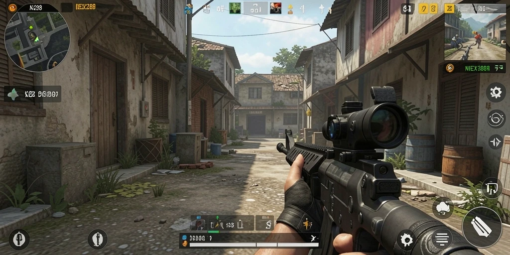 Screenshot gameplay NEX288 menampilkan aksi tembak-menembak yang mendebarkan.