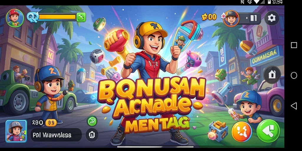 Screenshot utama QQNUSA menunjukkan gameplay arcade yang penuh warna dan dinamis.