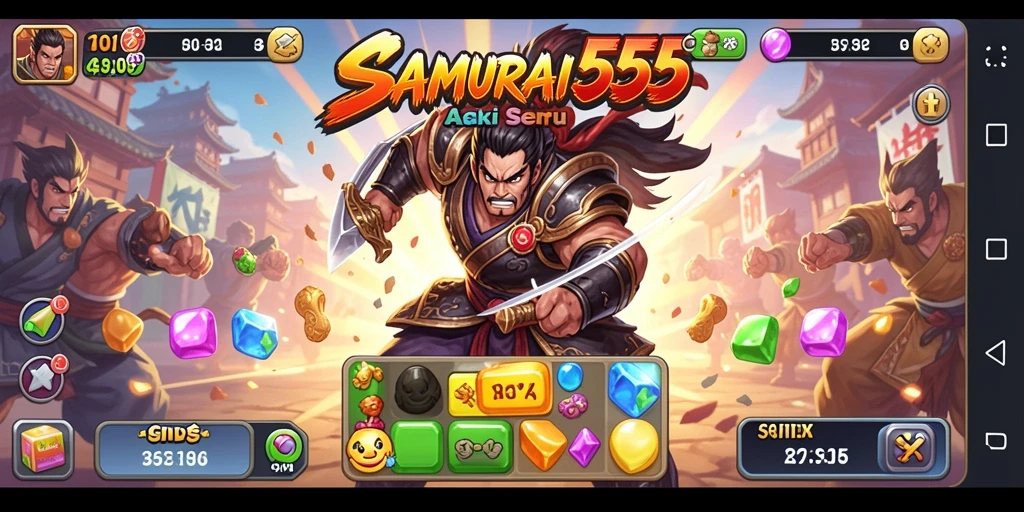 Screenshot gameplay Match-3 SAMURAI555 yang penuh warna dan menarik.