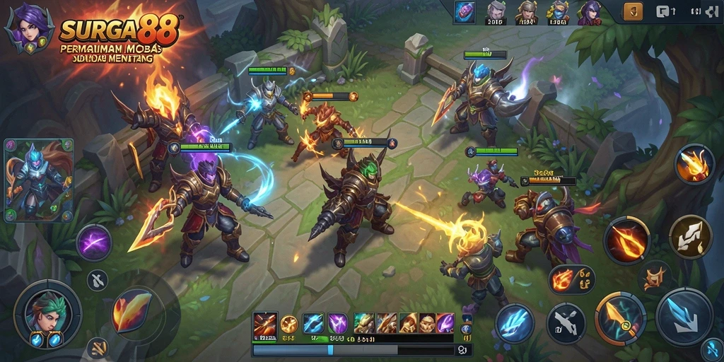 Screenshot gameplay SURGA88 menampilkan aksi kelompok di arena MOBA.